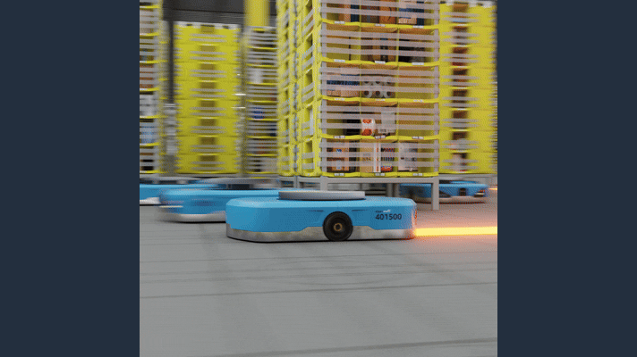 Amazon warehouse robotics imagery from the DeepFleet announcement.